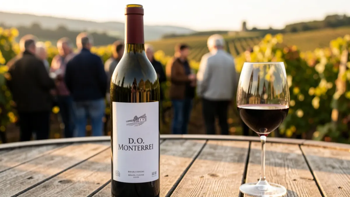 Imagen de una botella de vino D.O. Monterrei y una copa sobre una mesa de madera, con un viñedo gallego al fondo.