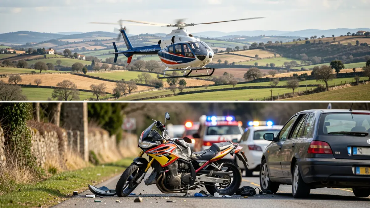 Imagen dividida: helicóptero médico sobre paisaje gallego y accidente de moto y coche en la carretera.