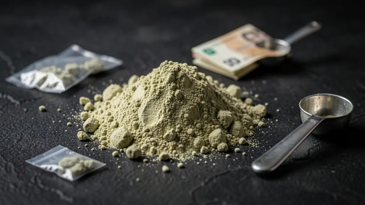 Primer plano dun montón de cocaína en po e billetes dobrados sobre unha superficie escura e texturizada, con pequenas bolsas de plástico e unha pequena culler de metal espalladas.
