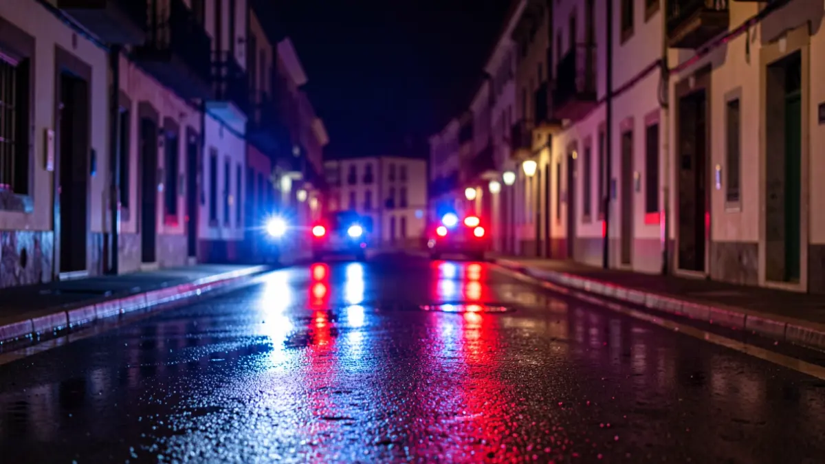 Imagen genérica de luces de emergencia reflejadas en el asfalto durante la noche.