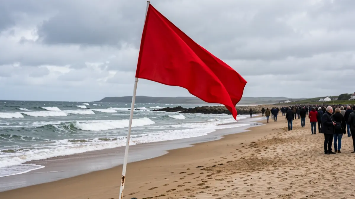 Imagen genérica de una bandera roja ondeando en una playa gallega con mar peligroso.