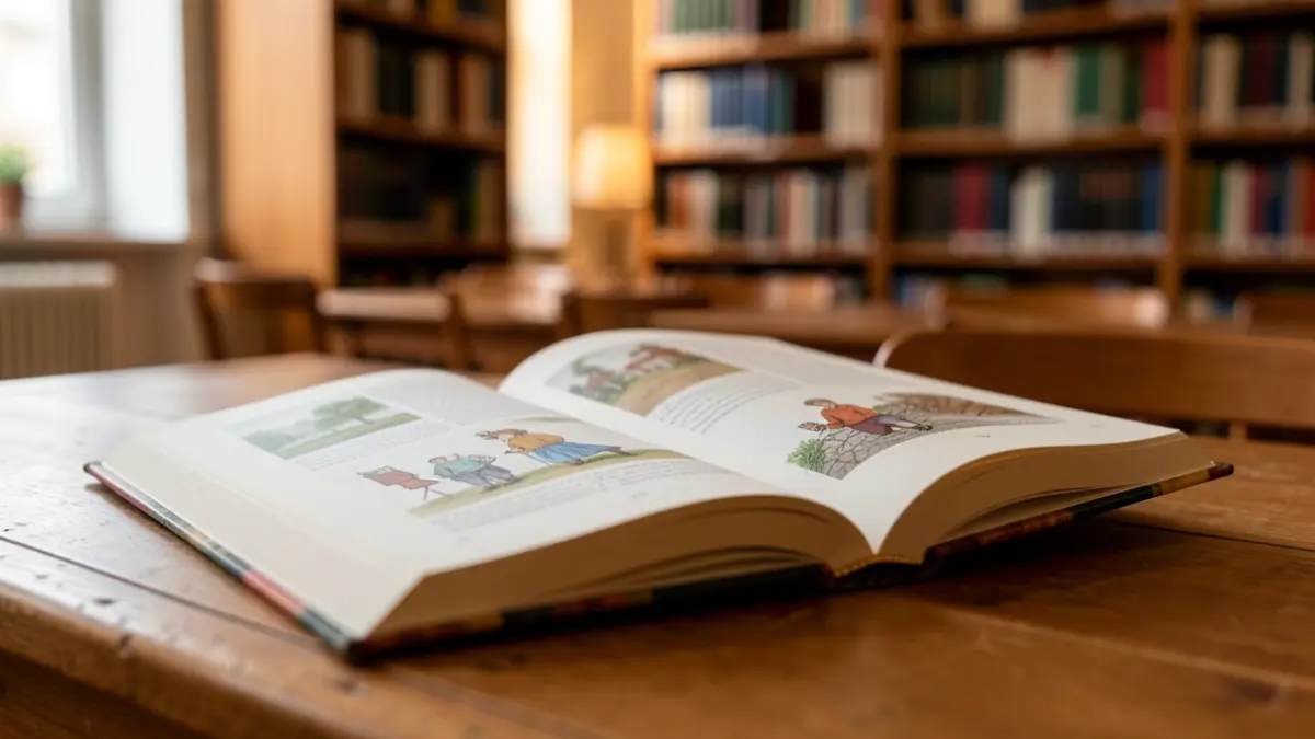 Primer plano de un libro abierto sobre una mesa de madera, con ilustraciones y texto en las páginas. Luz cálida y ambiente acogedor.