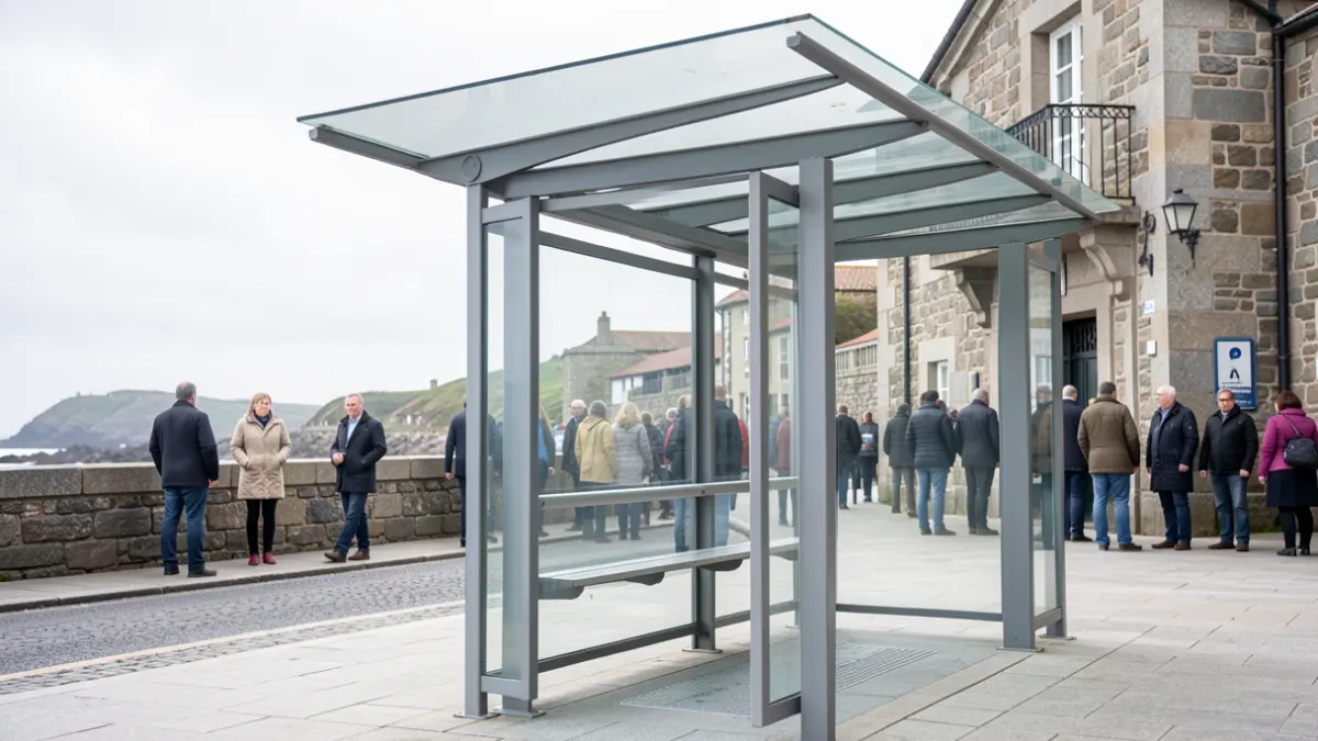 Imaxe dunha parada de autobús moderna en Poio, con arquitectura de granito galega ao fondo.