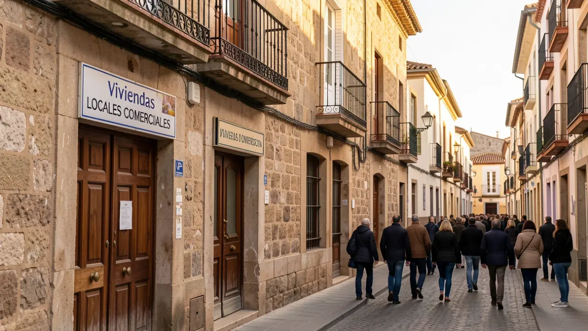 Imaxe dun edificio antigo en Pontevedra con cartel de vivendas e locais comerciais.