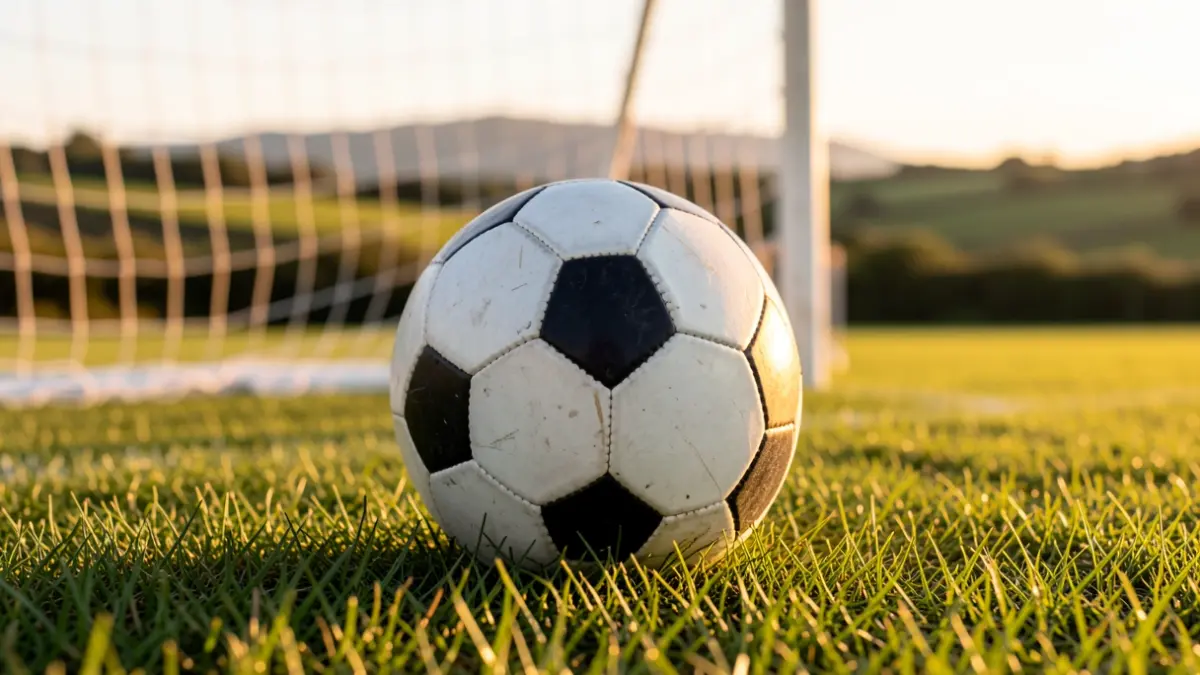 Imaxe xenérica dun balón de fútbol nun campo con rede borrosa ao fondo.