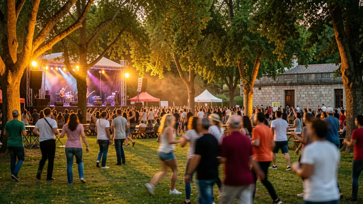 Imagen de un festival de música al aire libre en un parque gallego con luces de escenario y gente bailando.