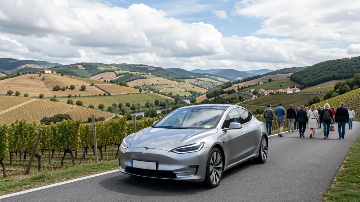 Imaxe dun coche eléctrico aparcado nunha estrada panorámica coa paisaxe da Ribeira Sacra de fondo.