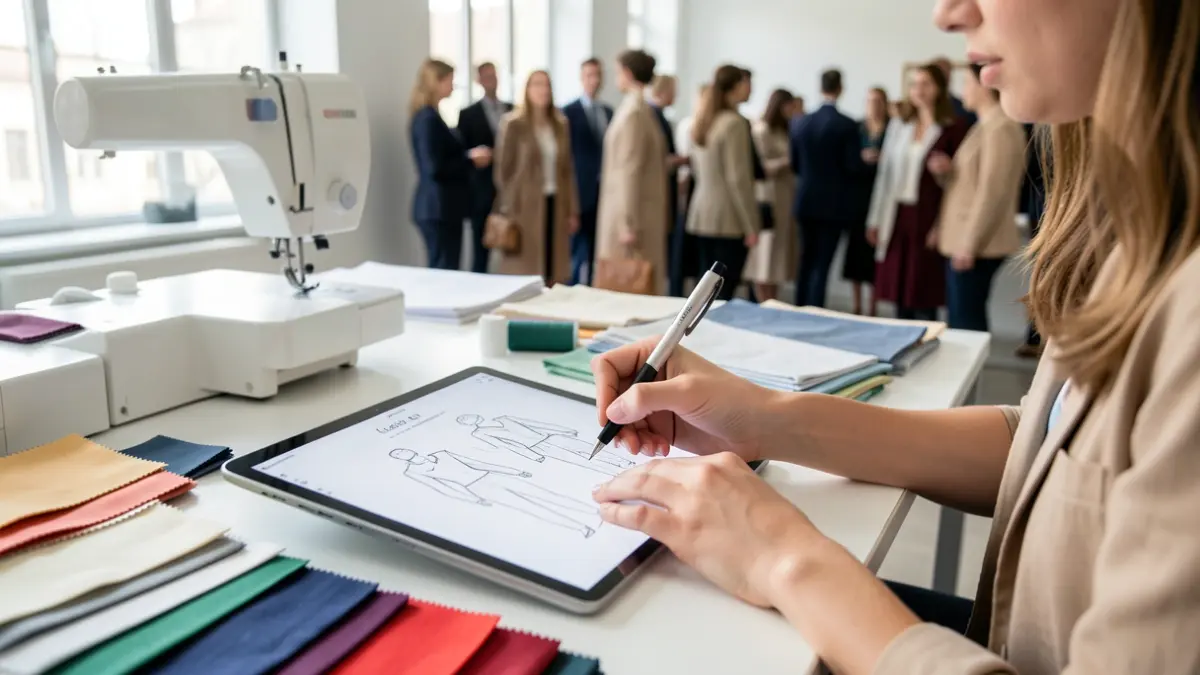 Imaxe dunha muller nova debuxando deseños de moda nunha tableta nun estudio moderno.
