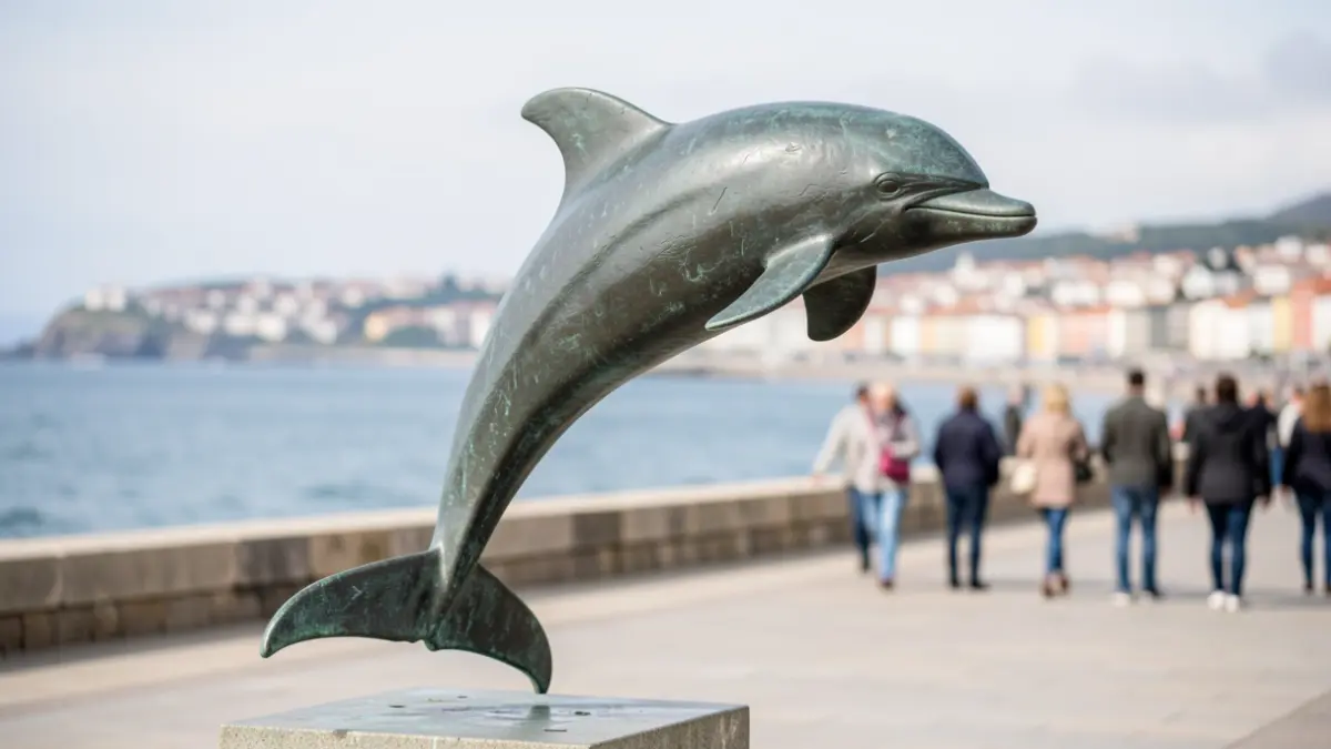 Escultura de bronce de un delfín saltando en el paseo marítimo de A Coruña.