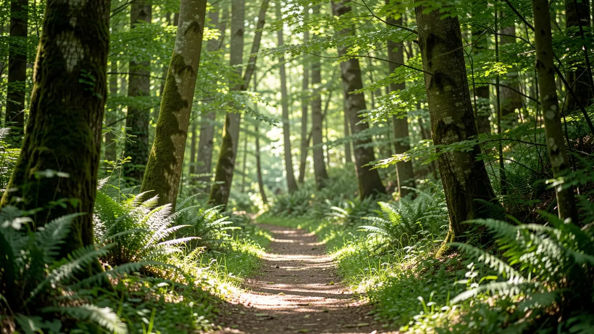 Imaxe xenérica de sendeiro frondoso en Galicia con luz solar filtrada.