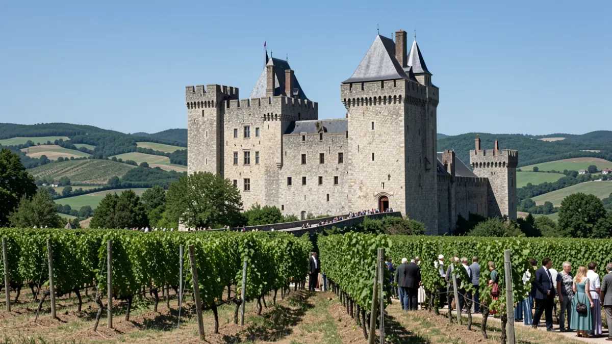 Imaxe xenérica do Castelo de Soutomaior rodeado de viñedos.