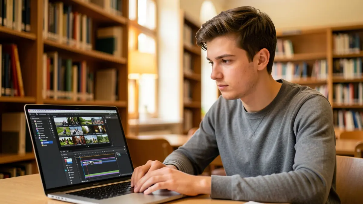 Imaxe dun estudante de audiovisual traballando nun documental nunha biblioteca universitaria.