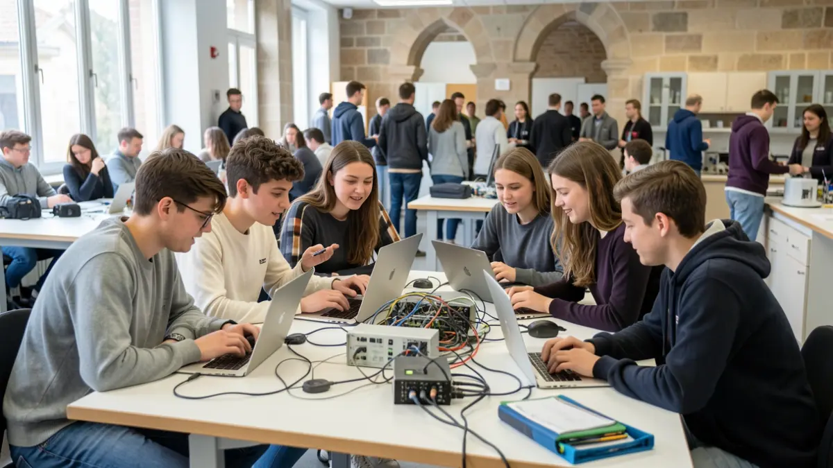 Imaxe xenérica de estudantes diversos colaborando en laboratorio universitario.