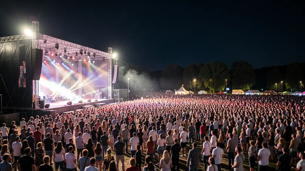 Imagen genérica de un festival de música al aire libre por la noche, con el escenario vacío y público difuminado.
