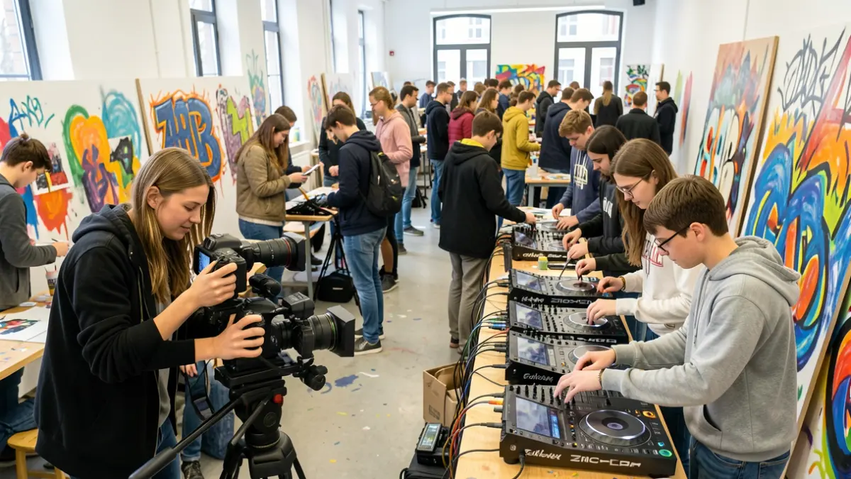 Imaxe dun grupo de mozas e mozos participando en diversos obradoiros creativos e tecnolóxicos.