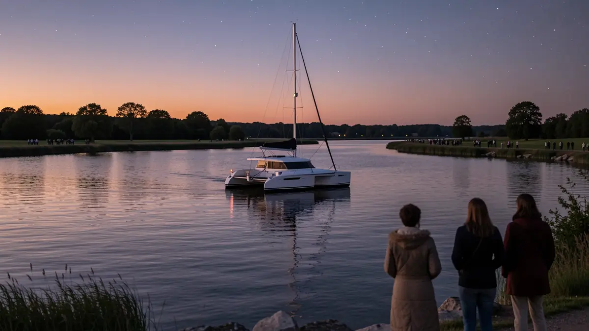 Imagen de un catamarán eléctrico navegando en una ría al atardecer, con las primeras estrellas visibles.