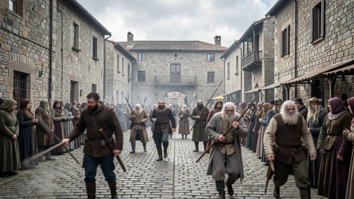 Imagen de una recreación histórica de la Feira Franca Medieval en Betanzos, con figuras borrosas representando vecinos y 'leprosos' siendo expulsados.