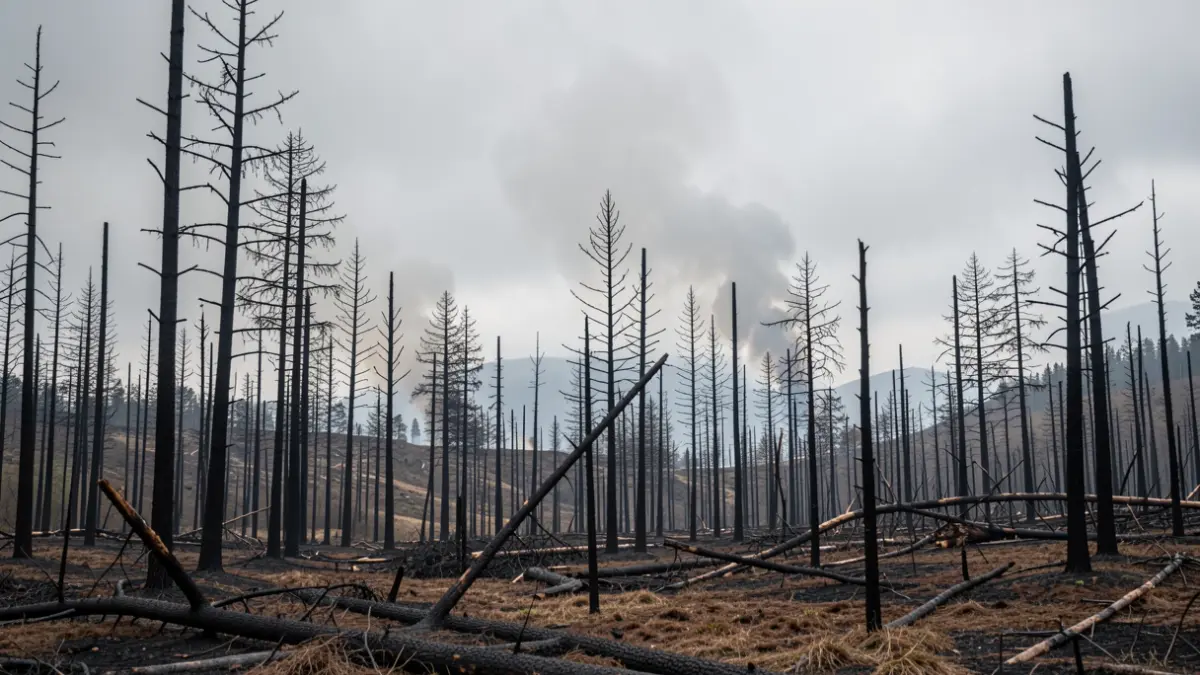 Imagen genérica de incendio forestal en Galicia con árboles calcinados y humo.