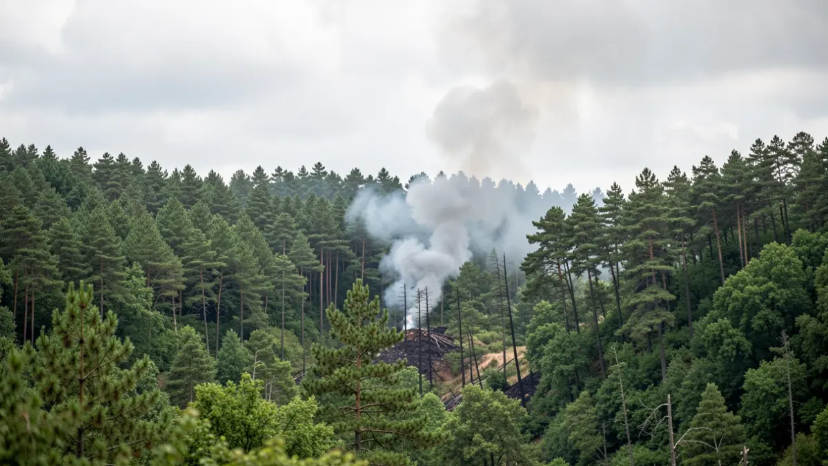 Imaxe xenérica de fume saíndo dunha masa forestal verde baixo un ceo nubrado.