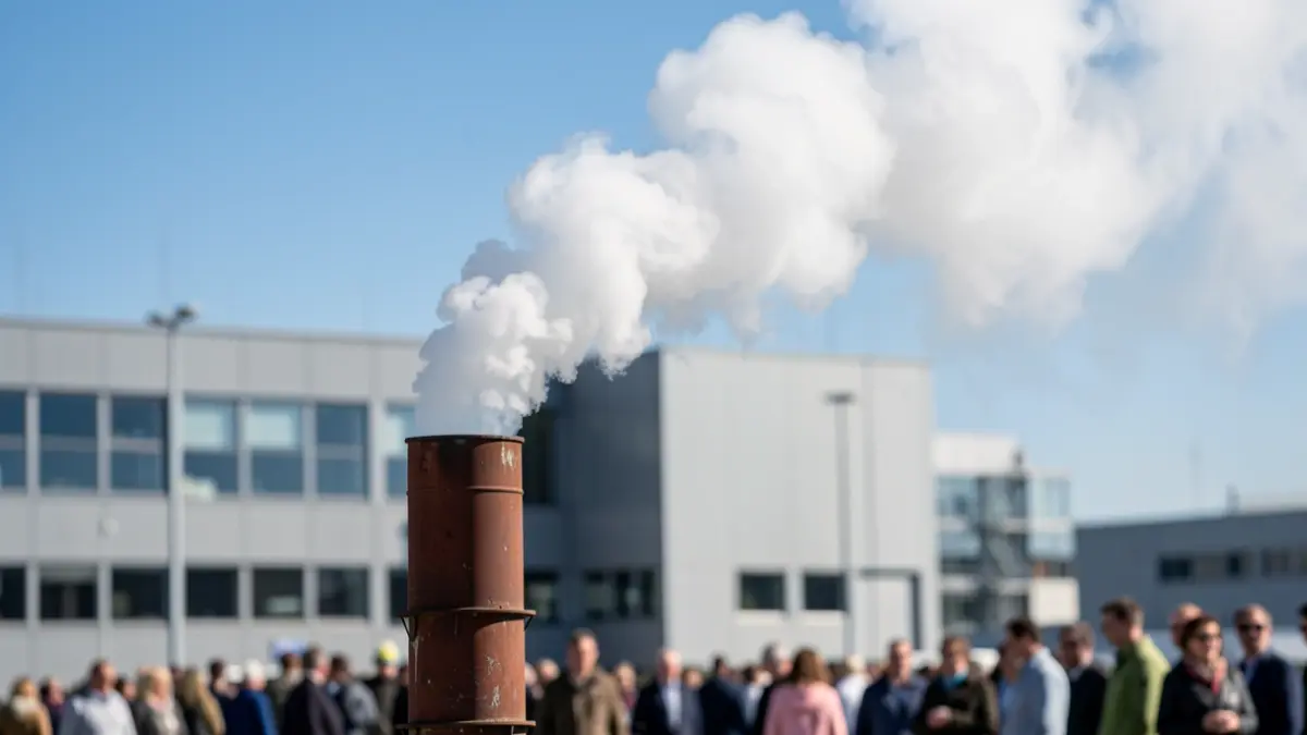 Imaxe xenérica dunha cheminea industrial con fume controlado contra un ceo azul.