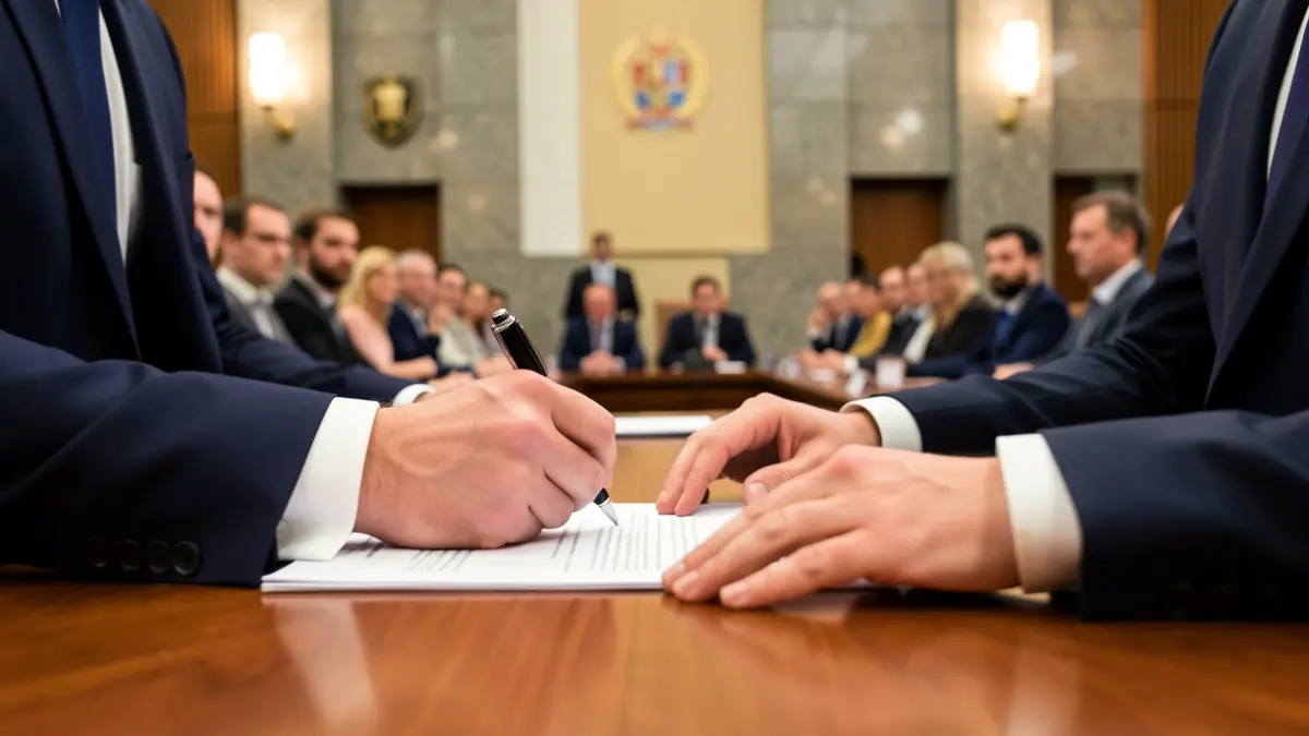 Primer plano de un documento oficial siendo firmado por manos de una persona con una arquitectura institucional de fondo.