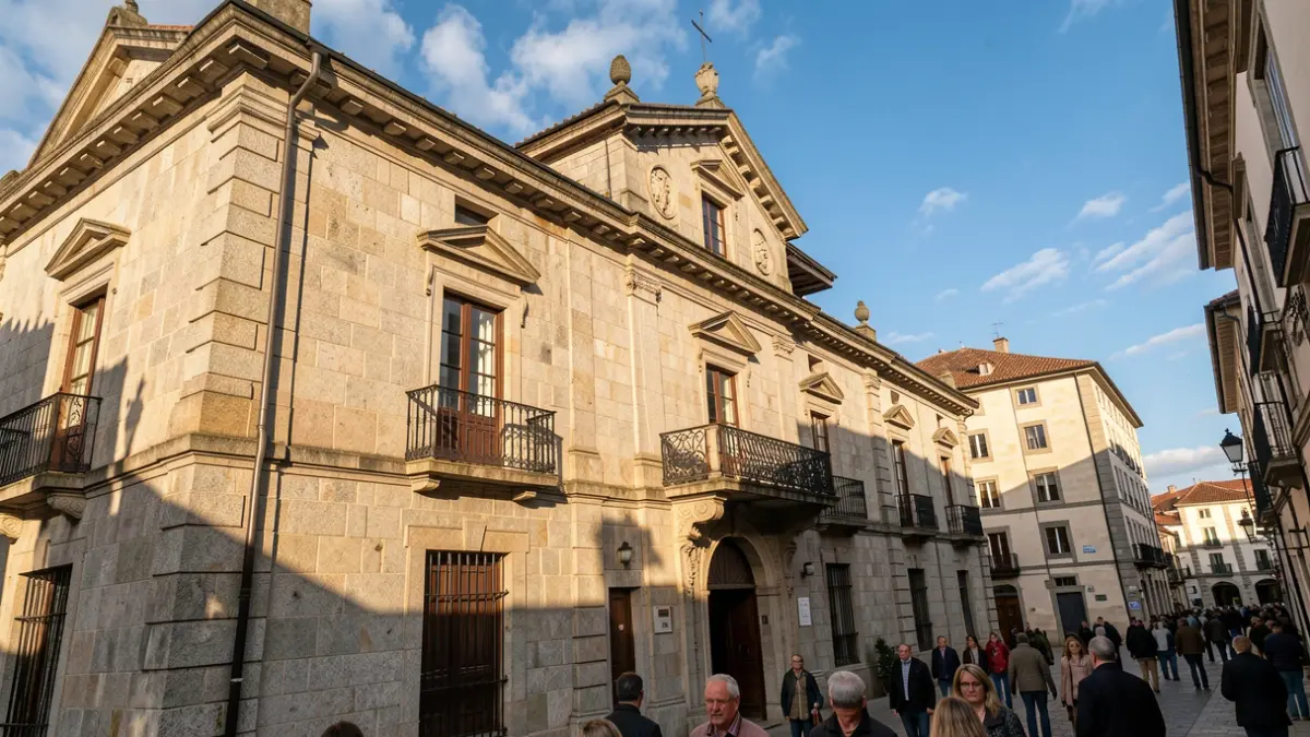 Imaxe xenérica dun concello galego de granito con balcón e ceo soleado.