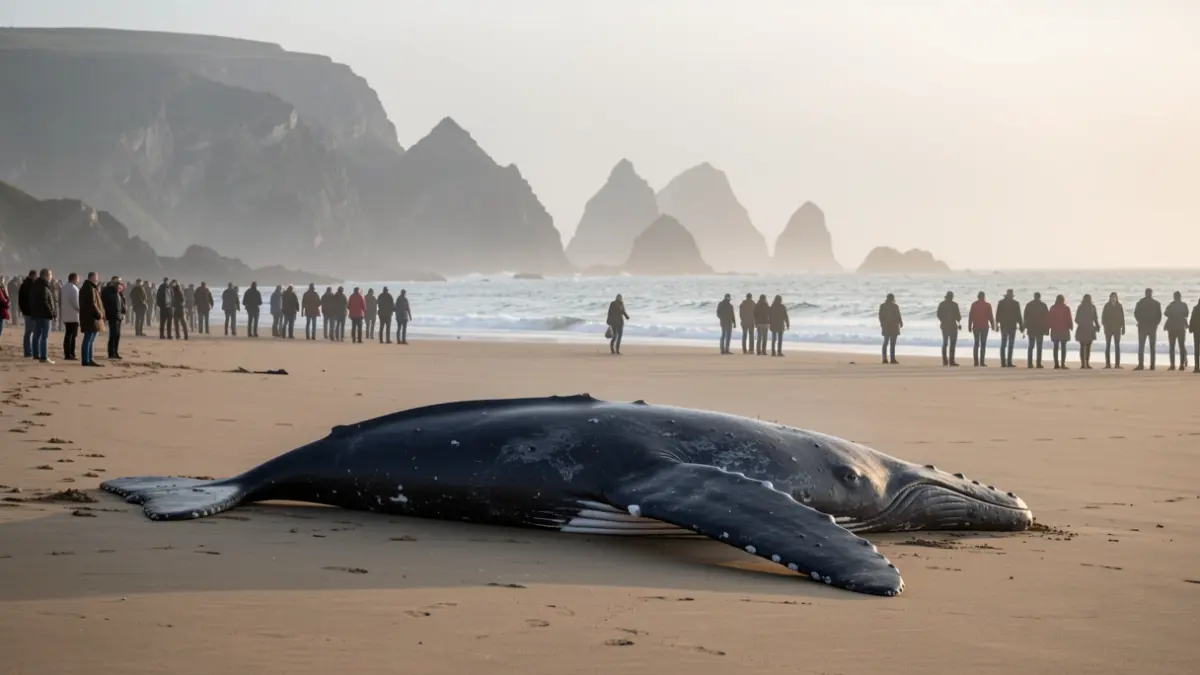 Imagen de una ballena varada en una playa atlántica.