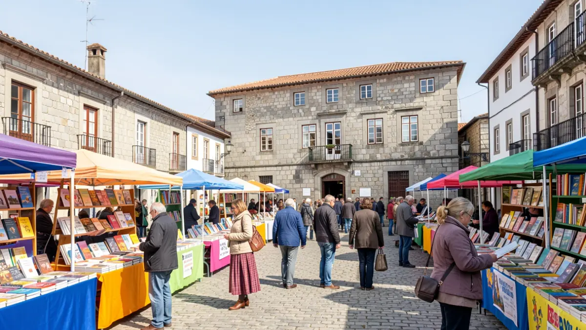 Imagen de una feria del libro al aire libre en una plaza gallega con puestos de libros y gente.