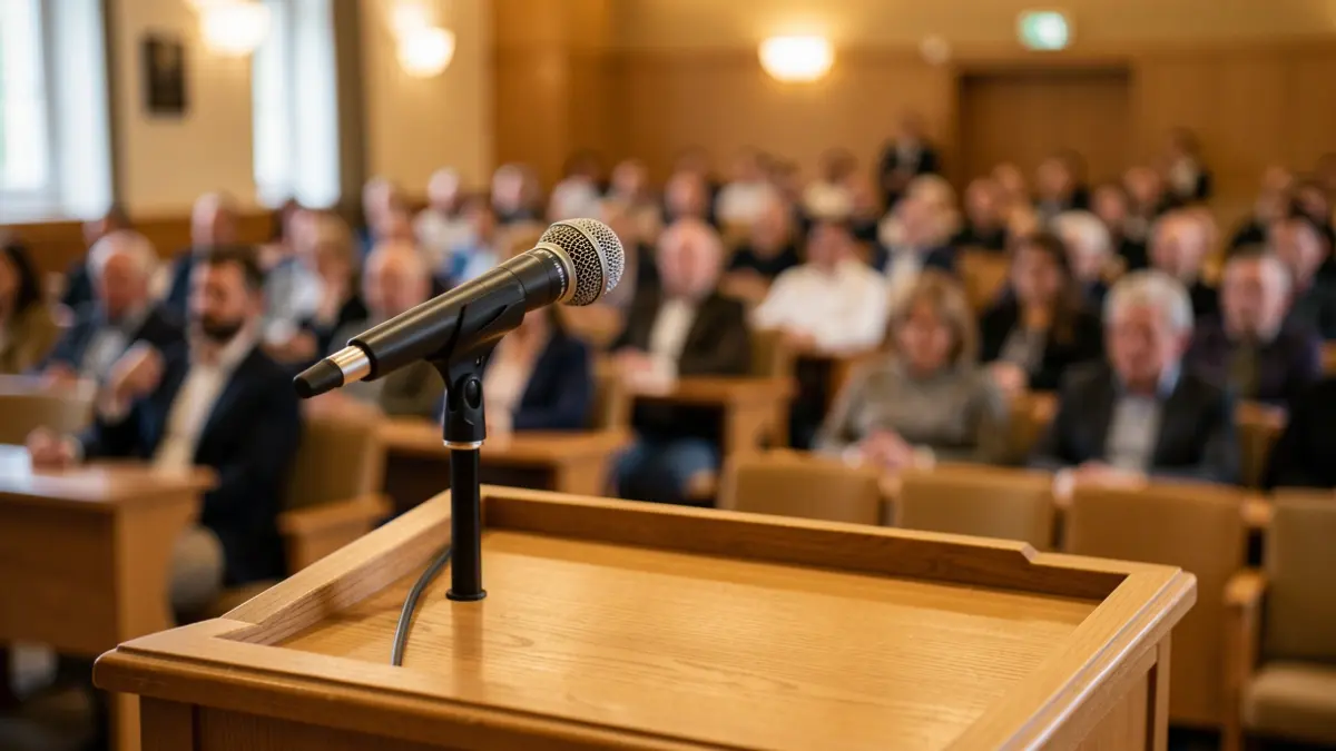 Imagen genérica de un micrófono en un atril en una sala de conferencias universitaria.