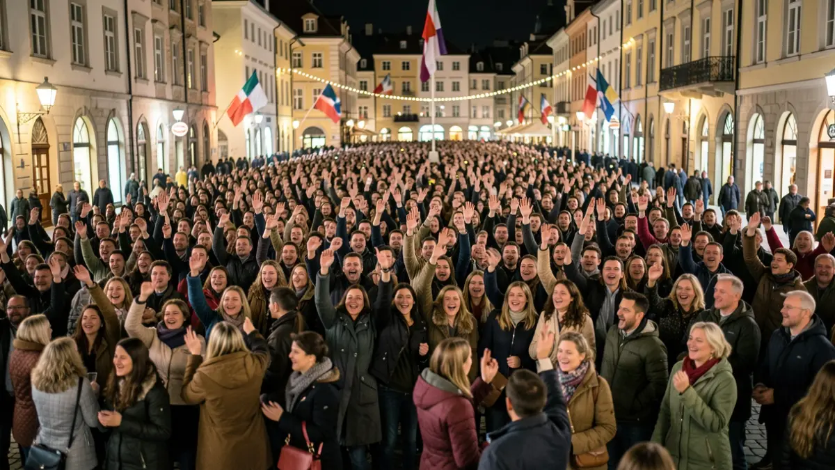 Imaxe xenérica dunha multitude celebrando nunha praza pola noite con luces borrosas.