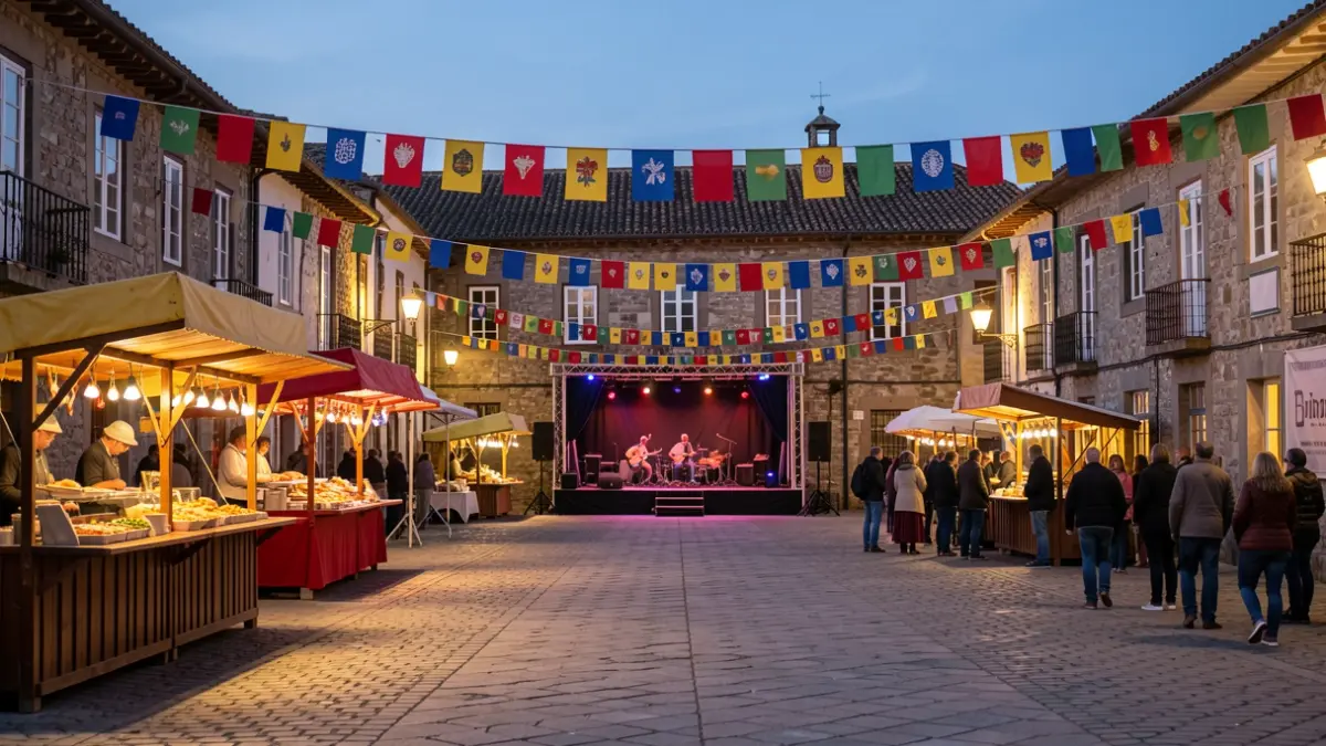 Imaxe xenérica dunha praza galega decorada para unha festa ao anoitecer, con postos de comida e un escenario.