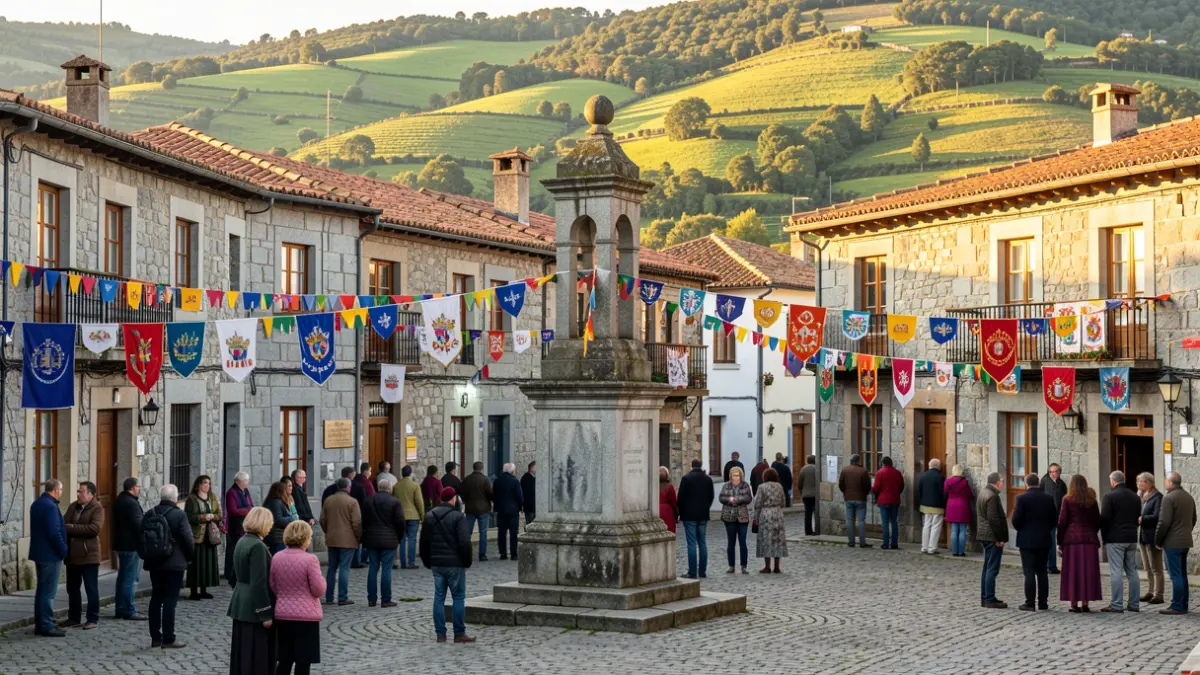 Imagen genérica de una plaza de aldea gallega con casas de piedra y cruceiro, decorada con banderines festivos.