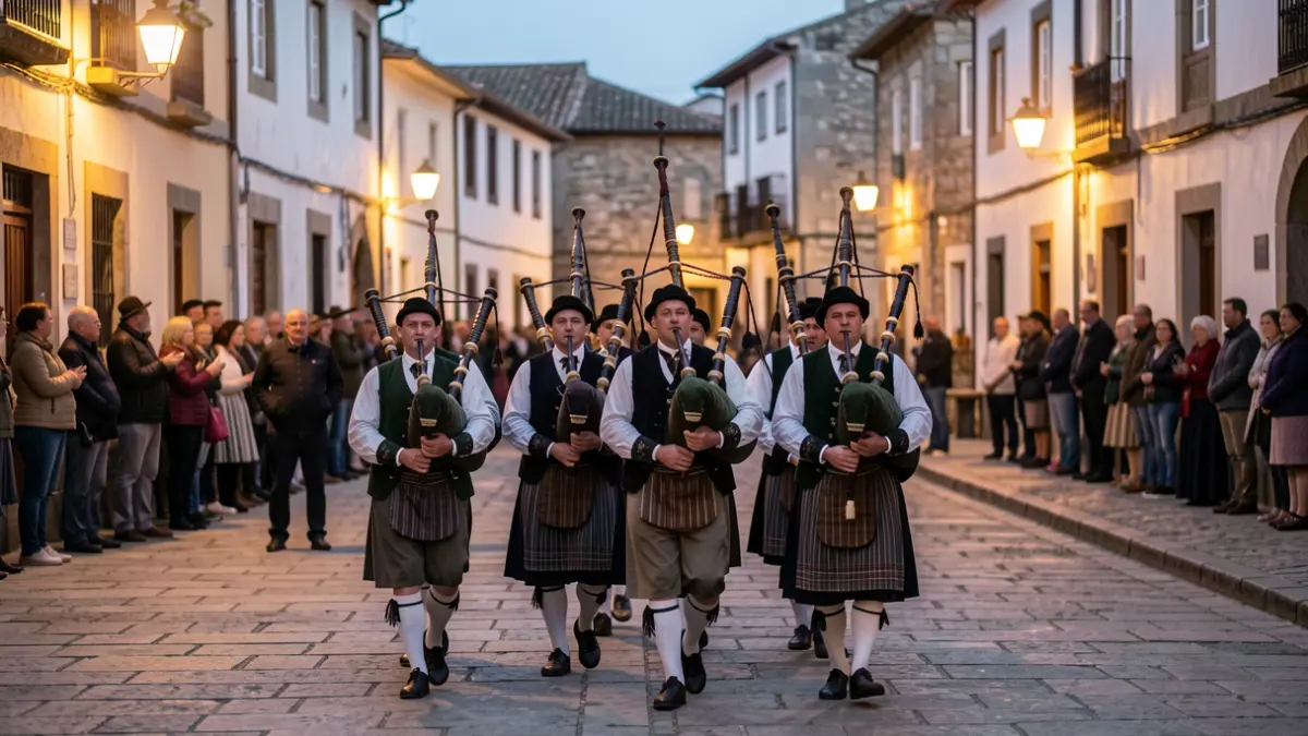 Imaxe xenérica dunha banda de gaitas tradicional galega actuando nunha rúa de pedra ao anoitecer.