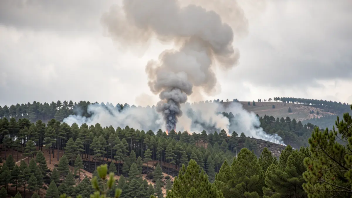 Imaxe xenérica dun incendio forestal con fume nunha ladeira de monte.
