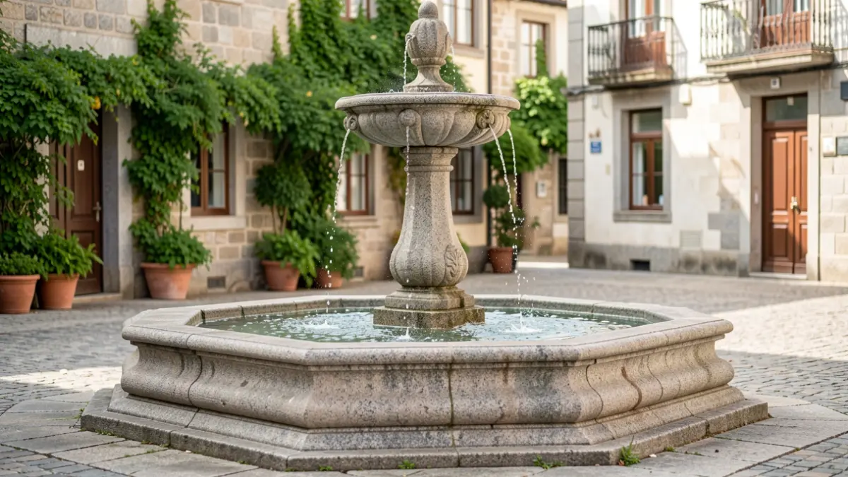 Imagen de una fuente pública en una plaza gallega con arquitectura de granito y vegetación verde.