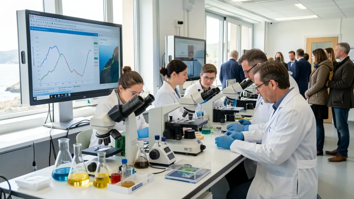 Imaxe dun laboratorio mariño moderno en Galicia con científicos traballando.