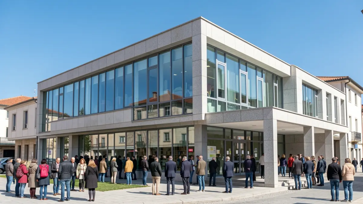 Imaxe xenérica dun edificio educativo moderno con fachada de granito e ventás amplas.