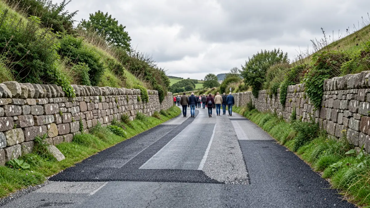 Imaxe xenérica dunha estrada rural en Galicia con muros de pedra e vexetación.