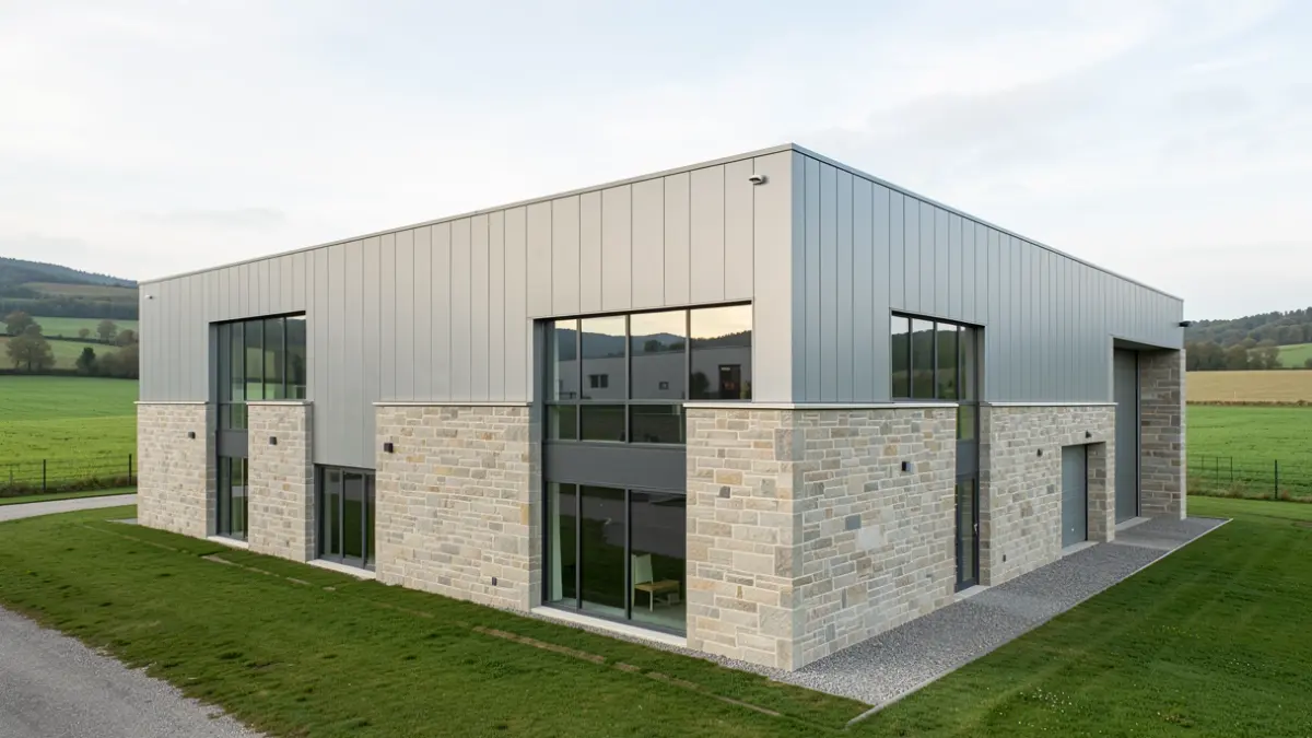 Imaxe dunha instalación industrial moderna nunha contorna rural galega.