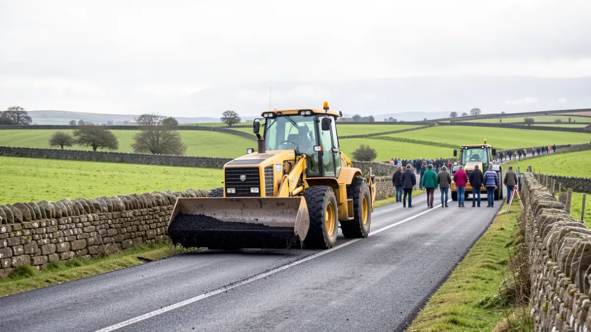 Imaxe xenérica de obras de pavimentación nunha estrada rural.