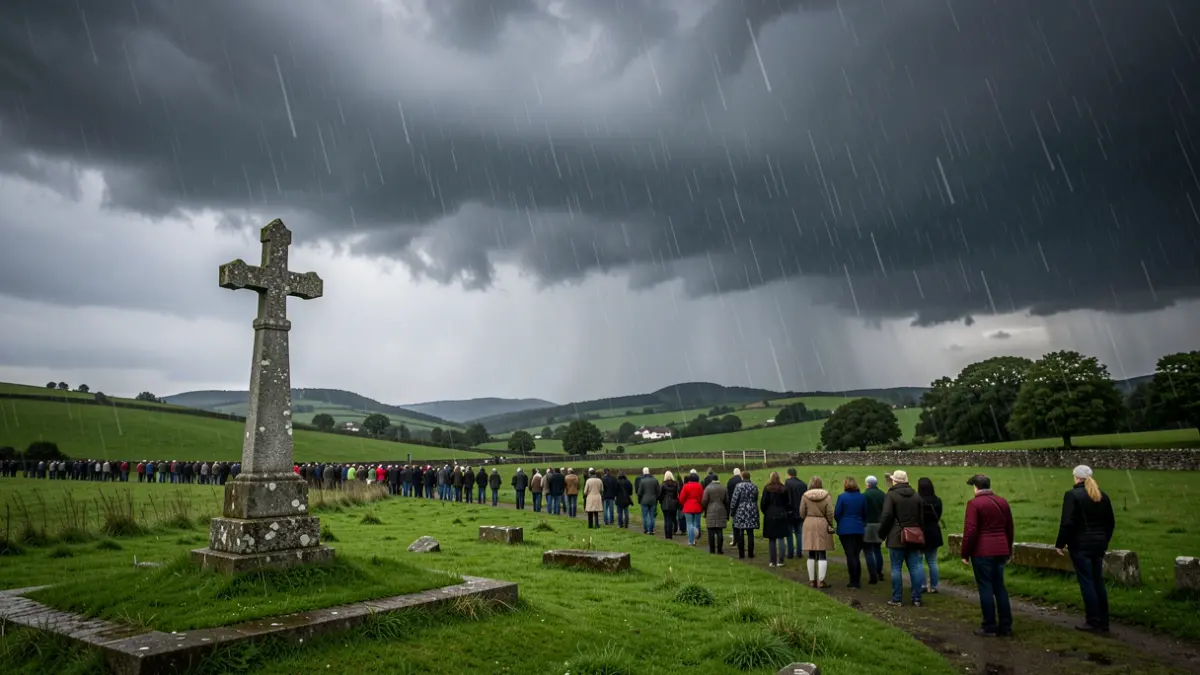 Imagen genérica de nubes de tormenta oscuras sobre un paisaje gallego con elementos de piedra de granito y lluvia intensa.