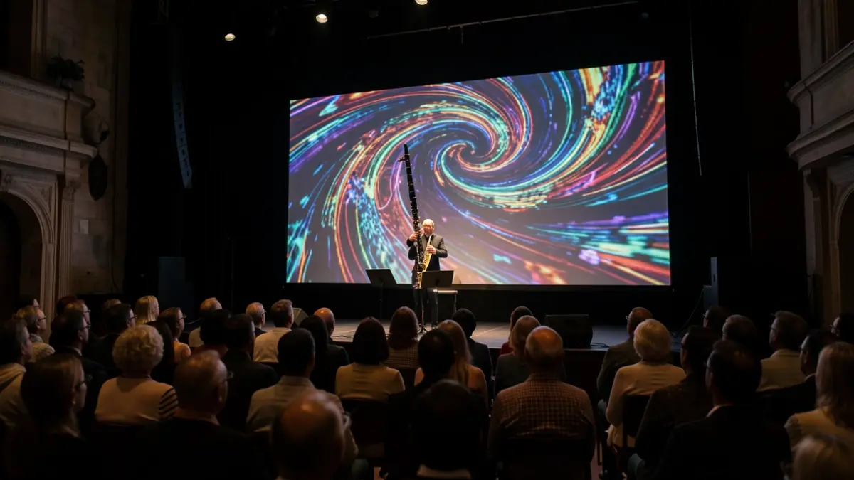 Imaxe dun escenario de concerto con proxeccións de videoarte e un clarinete.