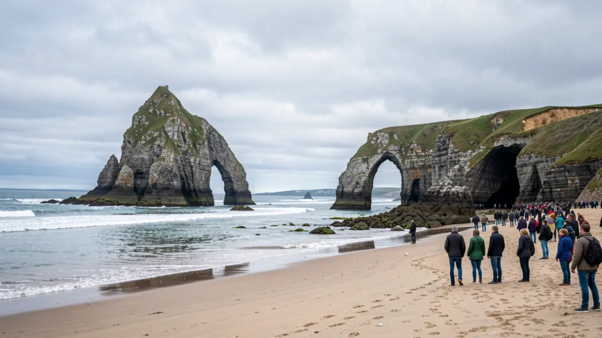 Imagen genérica de la playa de As Catedrais en Galicia, con arcos de piedra y marea baja.
