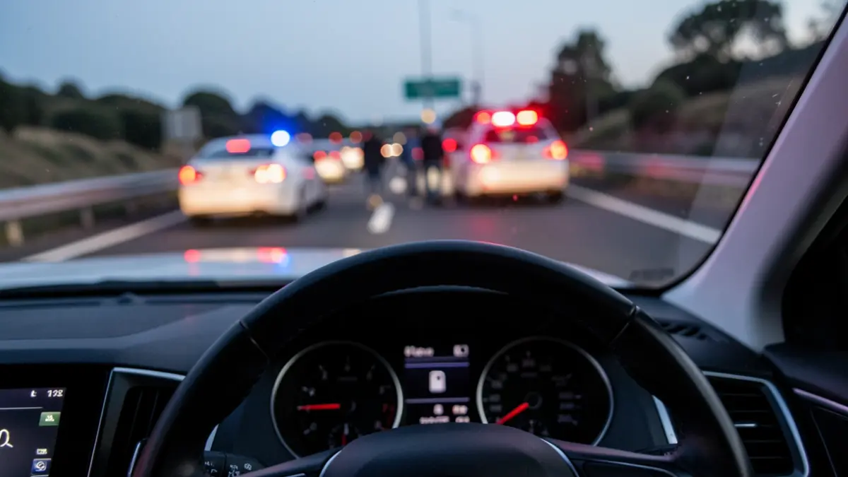 Primer plano de un volante con un fondo borroso de una carretera gallega al anochecer, con sutiles luces de emergencia rojas y azules reflejando en el salpicadero.