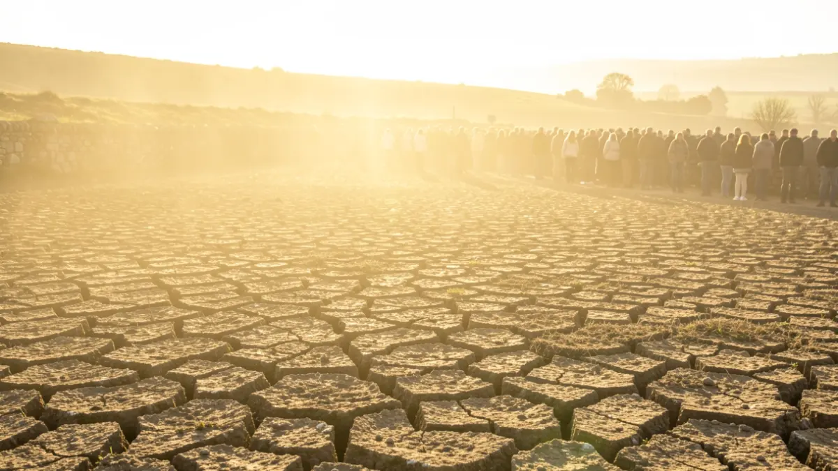 Imaxe xenérica dunha paisaxe seca baixo un sol intenso durante unha vaga de calor.