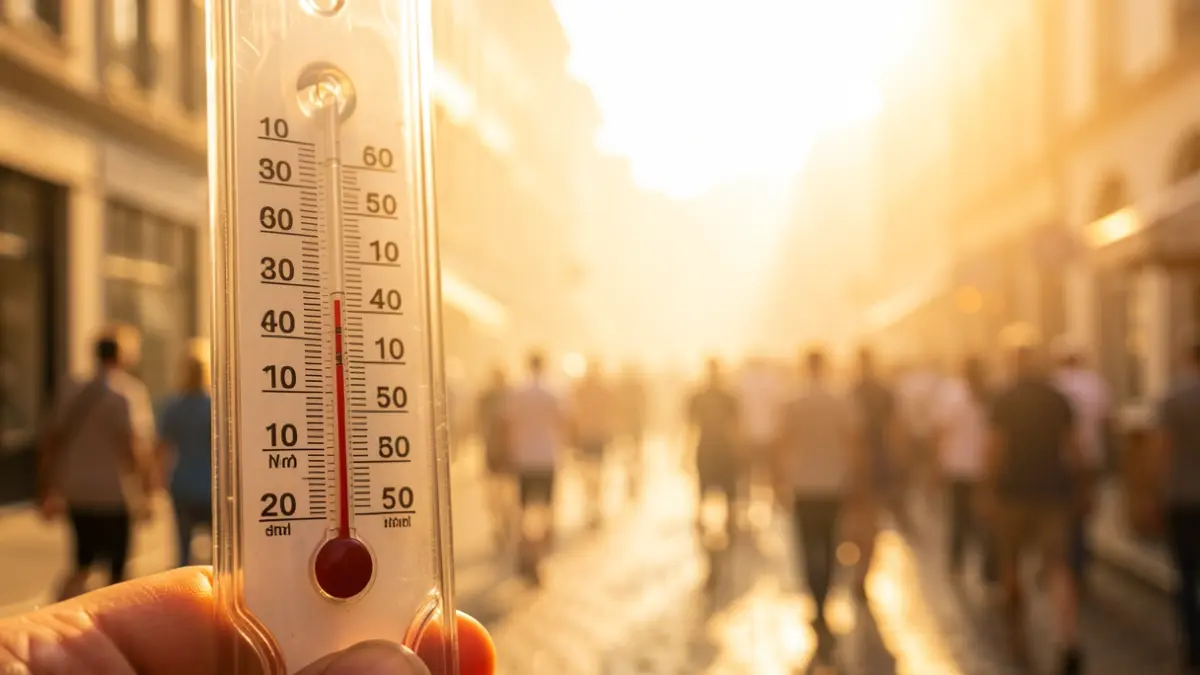 Imaxe xenérica dun termómetro marcando altas temperaturas nunha contorna urbana.