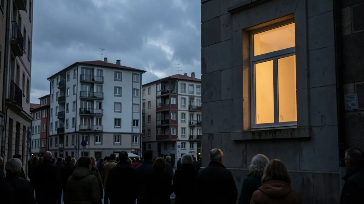 Imagen genérica de escasez de viviendas en Galicia, con edificios y una ventana vacía.