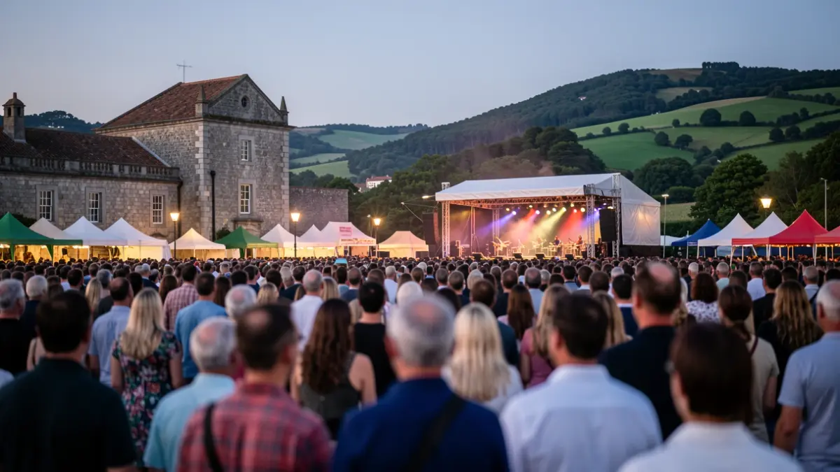 Imaxe xenérica dun festival de música ao aire libre en Galicia ao anoitecer, con luces de escenario e unha multitude difuminada.