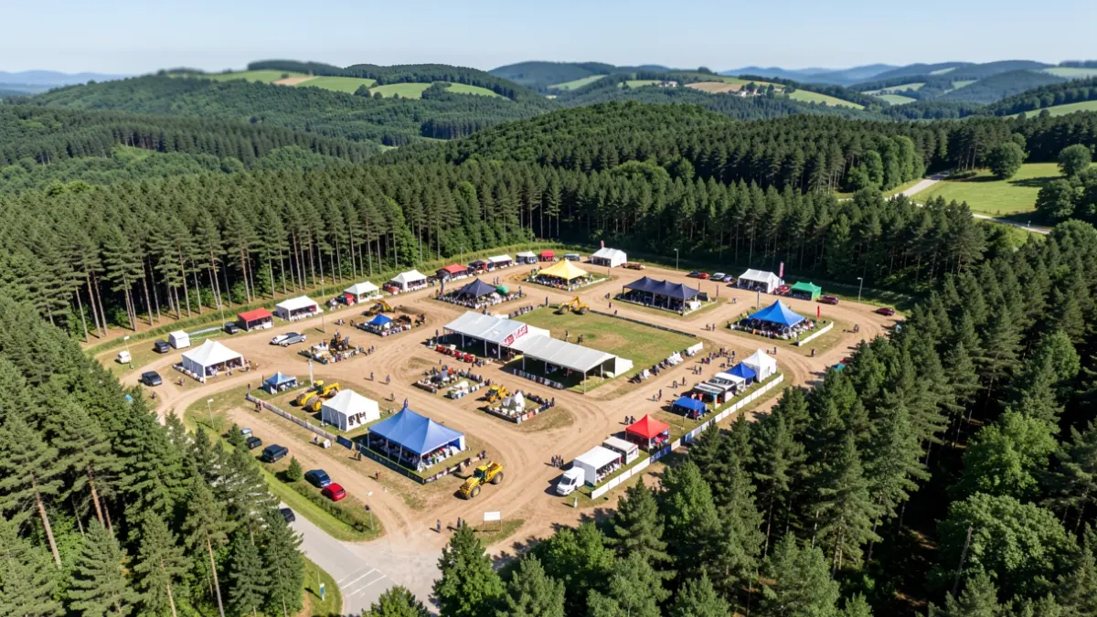 Vista aérea de una gran zona forestal con áreas de exposición y maquinaria, mostrando una feria forestal en Galicia.