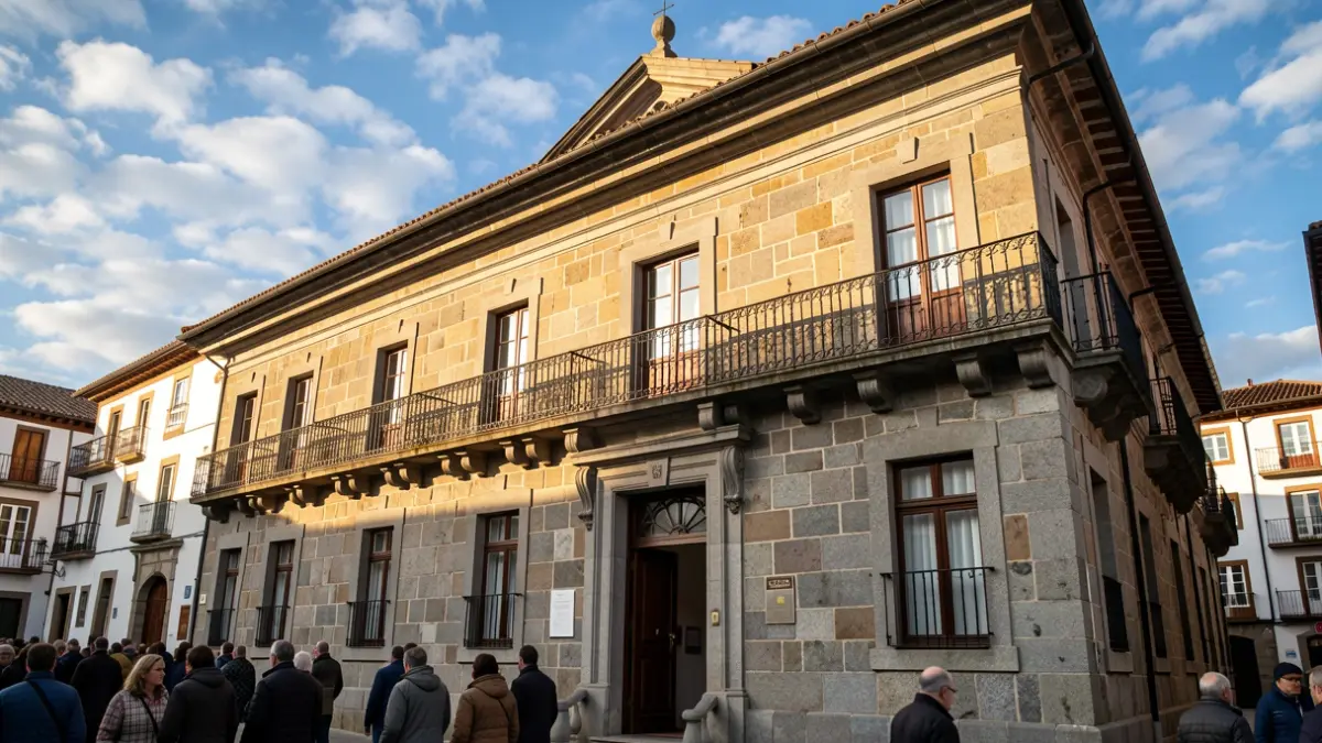 Imaxe xenérica dun concello galego de pedra con balcóns de ferro e detalles de granito.